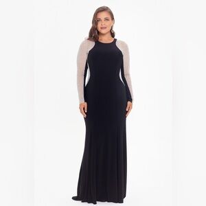 Xscape beaded sheer long sleeve shaped stretch maxi dress gown
